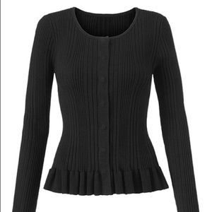 CAbi Party Cardigan Sweater Womens L Large Black Ribbed Knit Ruffle Hem